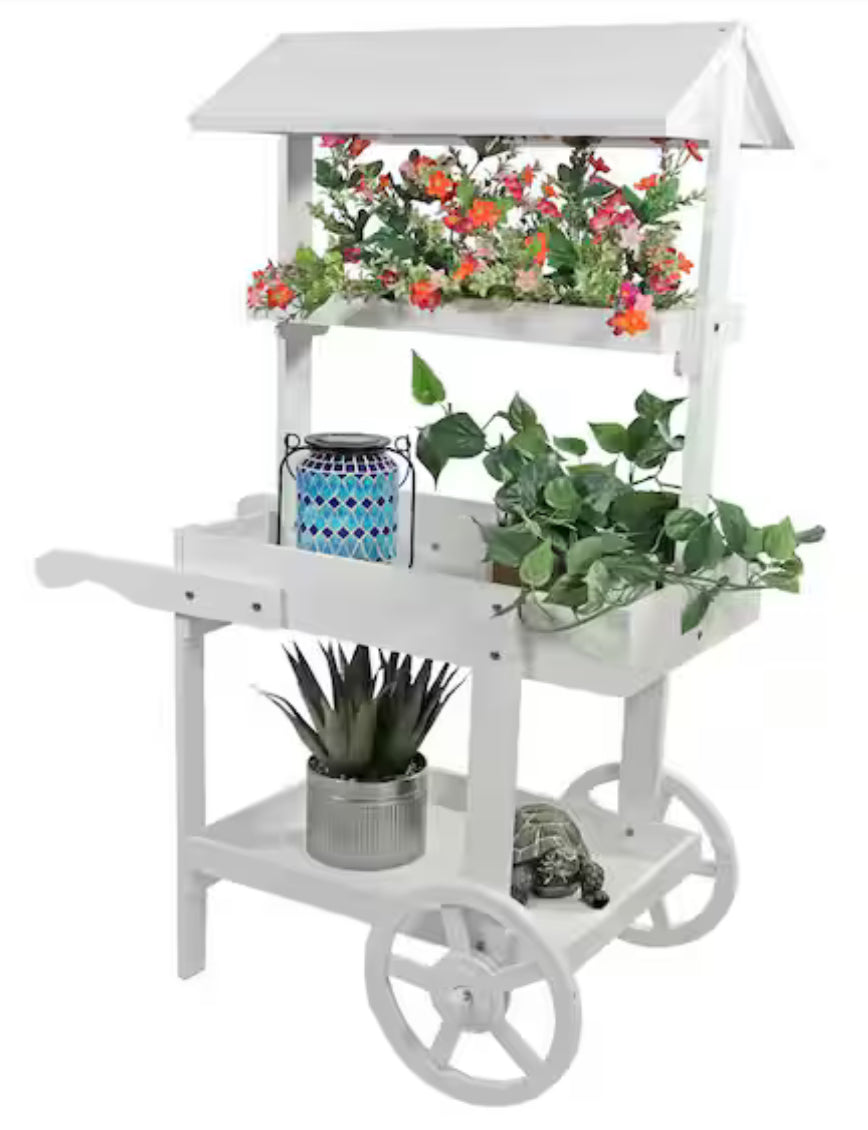 Sunnydaze 21.75 in. x 33.75 in. x 49.25 in. Country Market Wood Flower Stand Raised Garden Bed White!! NEW IN BOX!!