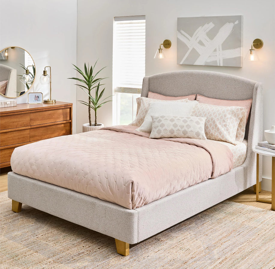 Better Homes & Gardens Windsor Platform Bed with Wingback Headboard, Queen, Wheat Boucle