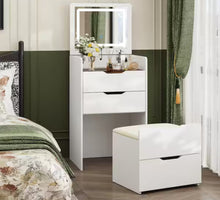 3-Drawer White Wood Makeup Vanity Set Dresser Table with Flip-Top Mirror, See-Through Glass Top, Lights, Stool! (NEW IN BOX)