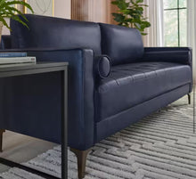 Goodwin 75.6 in. Mid-Century Modern Square Arm Faux Leather Sofa in Navy Blue! (NEW IN BOX)