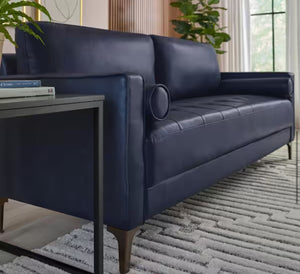 Goodwin 75.6 in. Mid-Century Modern Square Arm Faux Leather Sofa in Navy Blue! (NEW IN BOX)