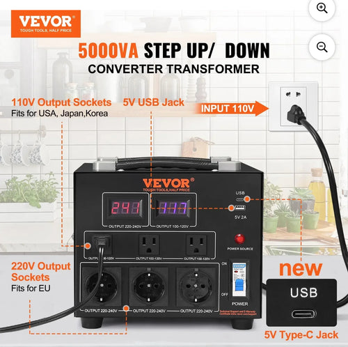 VEVOR Voltage Converter Transformer 2000W 5000W Heavy Duty Step Up/Down Transformer Convert 110V to 220V and 220V to 110V- new in box