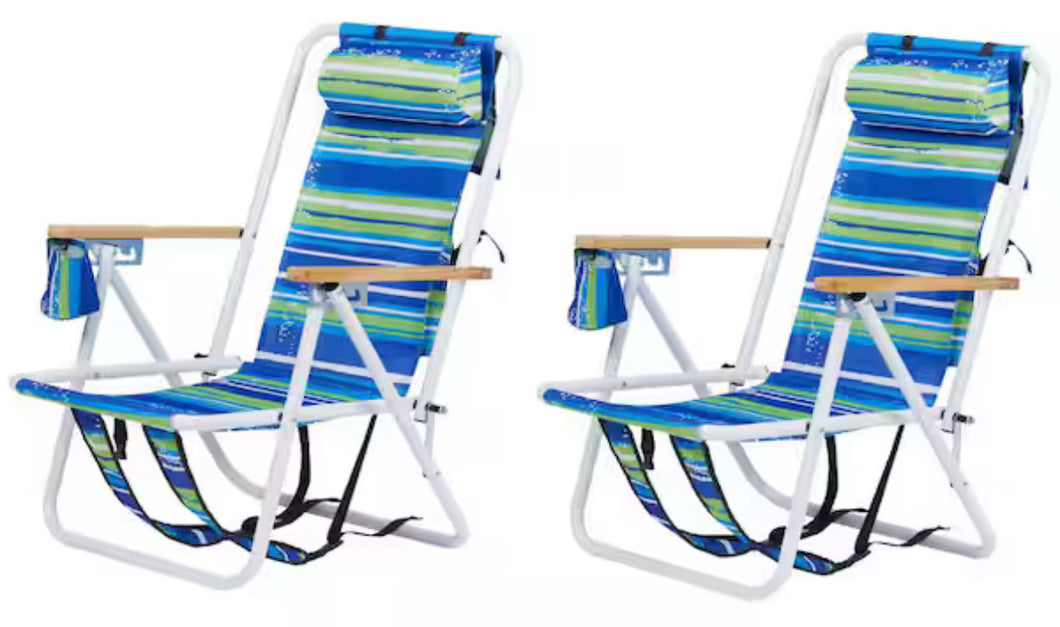 Winado Portable 2 Pack Striped Blue Steel Folding Adjustable Headrest Beach Chair!! NEW IN BOX!!