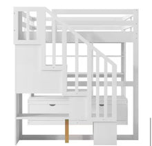 White Full Size Loft Bed with Storage Staircase, Desk, Shelves and 2 Drawers! (BRAND NEW - 3 BOXES!)