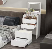 3-Drawer White Wood Makeup Vanity Set Dresser Table with Flip-Top Mirror, See-Through Glass Top, Lights, Stool! (NEW IN BOX)