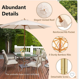 Beige 10ft wooden umbrella is a great choice for outdoor activities in courtyards, patios, gardens - new in plastic