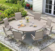 CLEARANCE SALE!  10- Piece Metal Outdoor Dining Set with 60 in. Sandshell Round Table, 8 Sandshell Swivel Dining Chairs for 8 Person and umbrella - new / assembled!