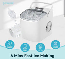 Simzlife 9.37 in. 26 lb. /24H Bullet Ice Countertop Portable Ice Maker in White, 6Mins/9Pcs, Auto-cleaning, with Basket and Scoop! (NEW IN BOX)