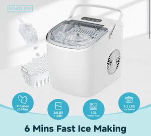 Simzlife 9.37 in. 26 lb. /24H Bullet Ice Countertop Portable Ice Maker in White, 6Mins/9Pcs, Auto-cleaning, with Basket and Scoop! (NEW IN BOX)