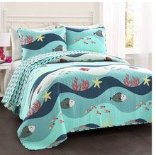Lush Decor Sea Life Reversible Cotton Quilt Queen Size 3 Piece Set Full/Queen Blue - Kids Bedding Set Queen Quilt - Coastal Bedroom Decor - Beach House