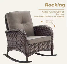 Pocassy 3-Piece Brown Wicker Patio Conversation Set with Gray Cushions and Coffee Table Flat Handrail Rocking Chairs!! NEW IN BOX!!
