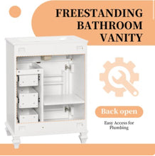 LOVMOR Freestanding White 24.4-in Single Sink Bathroom Vanity with White Ceramic Top Assembly Required 3 Drawers Adjustable Shelf - WE DO NOT SHIP!!