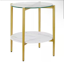 Otto 20 in. Gold Round Glass Side Table with Faux Marble Shelf