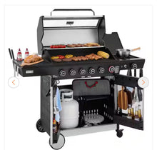 6 Burner Propane Gas Grill with Side Burner, Glass Viewing Window, Stainless Steel Cabinet Doors, Silver & Black- new in box