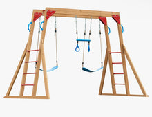 Dolphin Playground Wooden Outdoor Swing Set With 2 Belt Swings, Gym Rings, And Climbing Ladder For Kids!! NEW IN BOX (ALL PARTS COUNTED, MISSING 1 LADDER BAR/ MONKEY BAR)!!