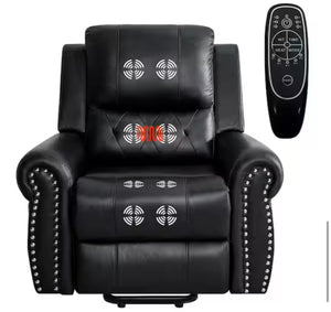 Black Studded Air Leather Power Lift Reclining Chair with Massage, Recliner Chair with Remote and Footrest! (NEW)