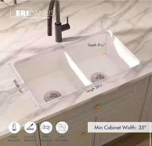 Eridanus Oslo 32 in. Drop-In/Undermount Double Bowl Fireclay Kitchen Sink in Crisp White with Botton Grid and Basket Strainer!! NEW IN BOX!!