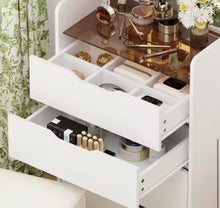 3-Drawer White Wood Makeup Vanity Set Dresser Table with Flip-Top Mirror, See-Through Glass Top, Lights, Stool! (NEW IN BOX)