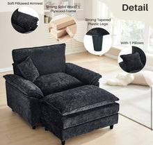 Oversized Black Chenille Soft Single Sofa Arm Chair with Ottoman and 1-Small Pillow for Bedroom and Living room! (NEW VACUUM SEALED IN BOX)