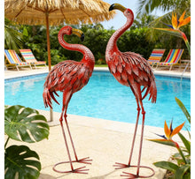 32-36 Inch Yard Flamingos Garden Statues, Metal Flamingo Outdoor Decor, Vibrant Flamingo Statues for Lawn, Backyard, Porch, Patio, Set of 2- one has small shipping damage - see pics