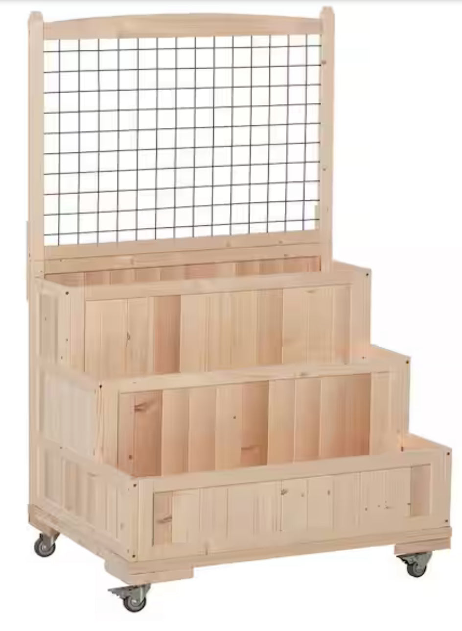 Outsunny 3-Tiers Natural Wooden Raised Garden Bed with Wheels, Trellis, Back Storage Area Easy Movable! (NEW IN BOX)