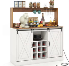 Costway 47.5" Farmhouse Coffee Bar Cabinet with Charging Station Glass Cup Holders Hutch