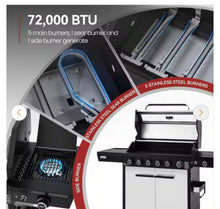 6 Burner Propane Gas Grill with Side Burner, Glass Viewing Window, Stainless Steel Cabinet Doors, Silver & Black- new in box