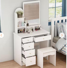 FUFU&GAGA
5-Drawers Wood Dresser Makeup Vanity Sets in White With Stool, Mirror (55.1 in. H x 31.5 in. W x 15.7 in. D)- new in box