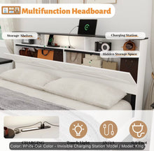 Wooden King Size Bed Frame with Storage Headboard, Farmhouse Platform Bed Frame with LED Lights and Charging Station, White! (NEW IN BOX)