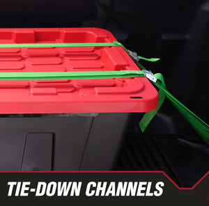 Hyper Tough 50 Gallon Snap Lid Wheeled Plastic Storage Bin Container, Black with Red lid!! NEW OUT OF BOX(MINOR STRAP DAMAGE ON LID, WORKS FINE)!!