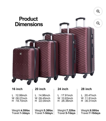 Travelhouse 4 Piece Hardshell Luggage Set Hardside Lightweight Suitcase with TSA Lock Spinner Wheels.(Wine Red)NEW