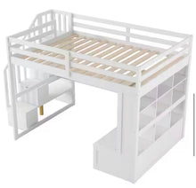 White Full Size Loft Bed with Storage Staircase, Desk, Shelves and 2 Drawers! (BRAND NEW - 3 BOXES!)