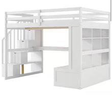 White Full Size Loft Bed with Storage Staircase, Desk, Shelves and 2 Drawers! (BRAND NEW - 3 BOXES!)