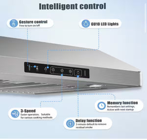 Vikio 30 in. 900CFM Ducted Under Cabinet Range Hood in Stainless Steel with 3-Way Venting Removable LEDS and Gesture Control!! NEW IN BOX!!