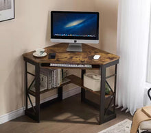 Corner Desk, 29.5 in. W Triangle Antique Brown Computer Desk, Wooden Desk, Steel Frame Computer Desk with Keyboard Tray- new in box