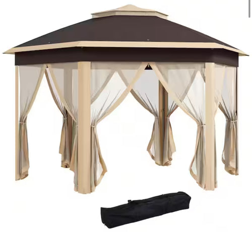 Outsunny 13 ft. x 13 ft. Pop Up Gazebo, Hexagonal Canopy Shelter with 6 Zippered Mesh Netting, Beige! (NEW IN BOX)!