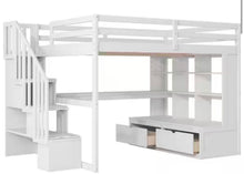 White Full Size Loft Bed with Storage Staircase, Desk, Shelves and 2 Drawers! (BRAND NEW - 3 BOXES!)