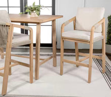 Porto Modern Coastal Tub Roped Acacia Wood Outdoor Bar Stool and Armrests, Beige/Light Teak with Cushions (Set of 2)- new in box