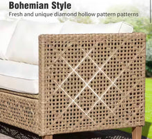 Brown 3-Piece Wood Outdoor Wicker Patio Conversation Sectional Seating Set with Beige Cushions! (NEW & ASSEMBLED)