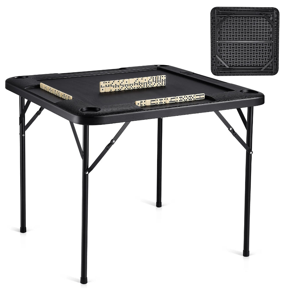VEVOR Mahjong Table, Square 4 Player Folding Card Table with 4 Cup Holders & 4 Chip Trays, Portable Domino Game Table with 1 Set of Dominoes for Mahjong Poke Puzzles, 35.4 x 35.4-inch, Black!! BRAND NEW!!