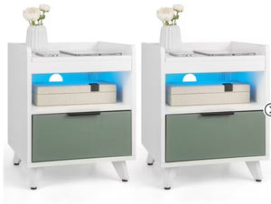 Tangkula 2PCS Nightstand Modern Beside End Table w/ LED Lights Open Compartment & Drawer! (NEW IN BOX)
