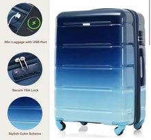 Merax 3-Piece Gradient Blue 20 in. 24 in. 28 in. ABS and PC Hardshell Spinner Luggage Set with TSA Lock, 20 in. with USB Port! (NEW - WRAPPED IN PLASTIC - MINOR SCRATCH ON 28”)
