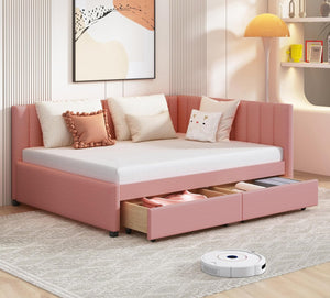 Merax, Full, Pink Upholstered Daybed with 2 Storage Drawers, Size Sofa Bed Frame, No Box Spring Needed, Linen Fabric! (NEW IN 2 BOX’S!)