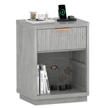 Grey Fluted Nightstand with Charging Station ¨C 2-Tier Bedside Table with Drawer & Storage Shelf for Bedroom/Home Office