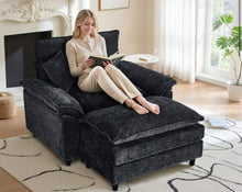 Oversized Black Chenille Soft Single Sofa Arm Chair with Ottoman and 1-Small Pillow for Bedroom and Living room! (NEW VACUUM SEALED IN BOX)