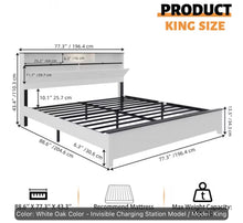 Wooden King Size Bed Frame with Storage Headboard, Farmhouse Platform Bed Frame with LED Lights and Charging Station, White! (NEW IN BOX)