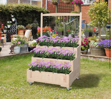 Outsunny 3-Tiers Natural Wooden Raised Garden Bed with Wheels, Trellis, Back Storage Area Easy Movable! (NEW IN BOX)