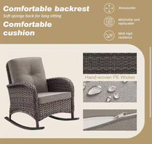 Pocassy 3-Piece Brown Wicker Patio Conversation Set with Gray Cushions and Coffee Table Flat Handrail Rocking Chairs!! NEW IN BOX!!