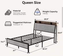 Gray Queen Bed Frame with Upholstered Headboard and Led Lights, Platform Bed No Box Spring Needed! (NEW IN BOX)