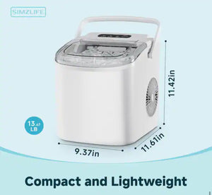 Simzlife 9.37 in. 26 lb. /24H Bullet Ice Countertop Portable Ice Maker in White, 6Mins/9Pcs, Auto-cleaning, with Basket and Scoop! (NEW IN BOX)